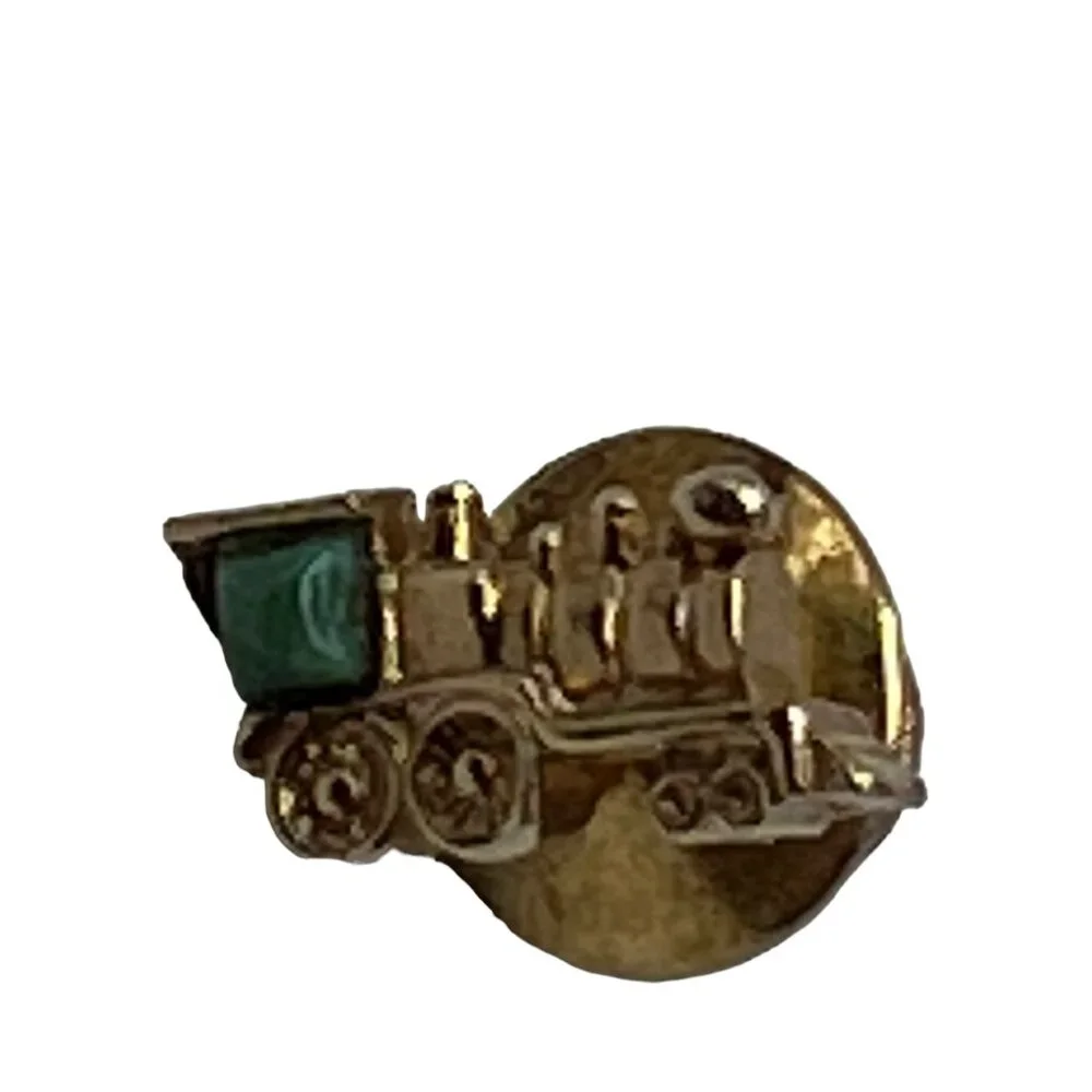 Vintage Swank Train Engine Tie Tack Pin Gold Tone Green Accent‎ Railroad Pin